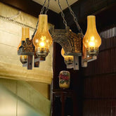 Vintage Amber Crackle Glass Kitchen Chandelier Pendant Light - Bronze 4-Light Drop Lamp - This lamp is a Vase Kitchen Chandelier Pendant Light. It is made of Vintage Amber Crackle Glass, 4 Lights, and Bronze Drop. The dimensions are as foll